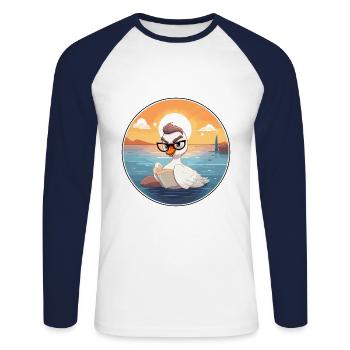 Cygne Mignon Dessin Animé Drôle Kawaii Livre Plage - T-shirt baseball manches longues Homme - blanc/marine - Devant - Nik (191cm)