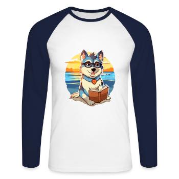 Husky Chien Mignon Drôle Dessin Animé Kawaii Livre Plage - T-shirt baseball manches longues Homme - blanc/marine - Devant - Nik (191cm)