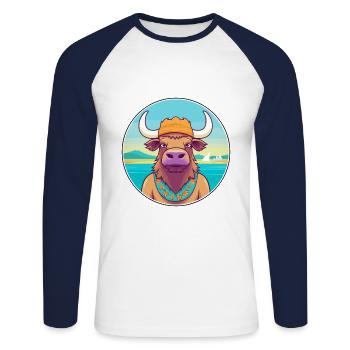 Buffalo Watercolor Cartoon Kawaii Clipart Animal - Unisex Long Sleeve Baseball T-Shirt - white/navy - Front - Nik (191cm)