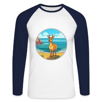 Cerf aquarelle dessin animé Kawaii Clipart Animal - T-shirt baseball manches longues Homme - blanc/marine - Devant - Nik (191cm)