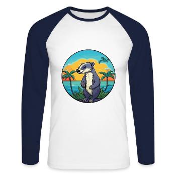 Blaireau Aquarelle Dessin Animé Kawaii Clipart Animal - T-shirt baseball manches longues Homme - blanc/marine - Devant - Nik (191cm)
