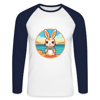 Lapin aquarelle dessin animé Kawaii Clipart Animal - T-shirt baseball manches longues Homme - blanc/marine - Devant - Nik (191cm)