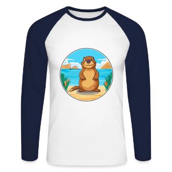 Beaver Watercolor Cartoon Kawaii Clipart Animal - Unisex Long Sleeve Baseball T-Shirt - white/navy - Front - Nik (191cm)