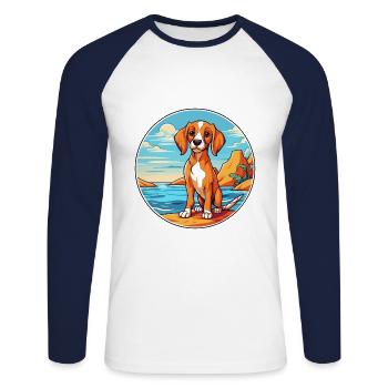 Chien aquarelle dessin animé Kawaii Clipart Animal - T-shirt baseball manches longues Homme - blanc/marine - Devant - Nik (191cm)