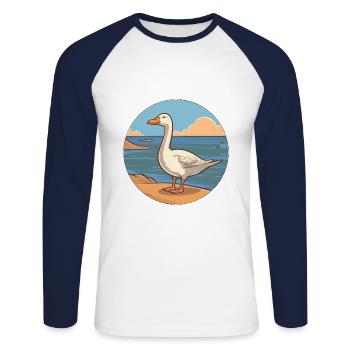 Oie aquarelle dessin animé Kawaii Clipart Animal - T-shirt baseball manches longues Homme - blanc/marine - Devant - Nik (191cm)