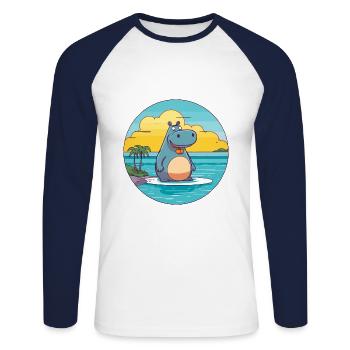Nilpferd Aquarell Cartoon Kawaii Clipart Tier - Unisex Baseballshirt langarm - Weiß/Navy - Vorne - Nik (191cm)