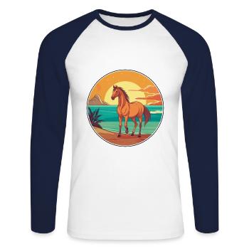 Cheval Aquarelle Dessin Animé Kawaii Clipart Animal - T-shirt baseball manches longues Homme - blanc/marine - Devant - Nik (191cm)