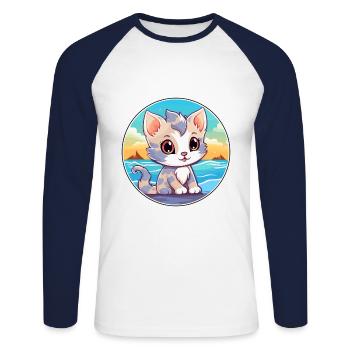 Kitten Watercolor Cartoon Kawaii Clipart Animal - Unisex Long Sleeve Baseball T-Shirt - white/navy - Front - Nik (191cm)