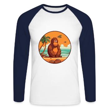 Orang-outan aquarelle dessin animé Kawaii Clipart Animal - T-shirt baseball manches longues Homme - blanc/marine - Devant - Nik (191cm)