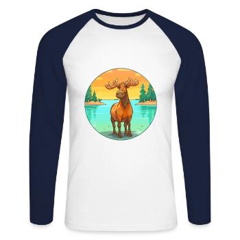 Moose Watercolor Cartoon Kawaii Clipart Animal - Unisex Long Sleeve Baseball T-Shirt - white/navy - Front - Nik (191cm)