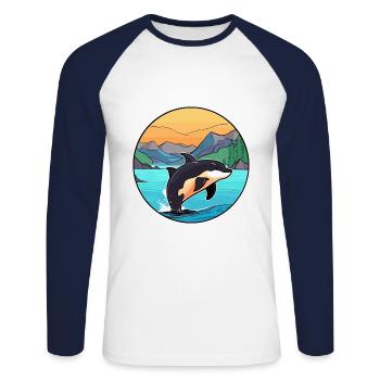 Orca Watercolor Cartoon Kawaii Clipart Animal - Unisex Long Sleeve Baseball T-Shirt - white/navy - Front - Nik (191cm)