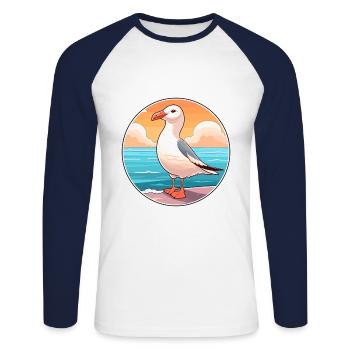 Mouette aquarelle dessin animé Kawaii Clipart Animal - T-shirt baseball manches longues Homme - blanc/marine - Devant - Nik (191cm)