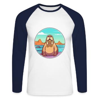 Morse aquarelle dessin animé Kawaii Clipart Animal - T-shirt baseball manches longues Homme - blanc/marine - Devant - Nik (191cm)