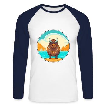 Yak Watercolor Cartoon Kawaii Clipart Animal - Unisex Long Sleeve Baseball T-Shirt - white/navy - Front - Nik (191cm)