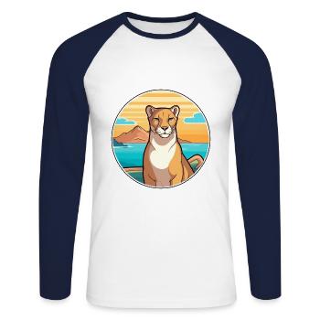 Cougar Watercolor Cartoon Kawaii Clipart Animal - Unisex Long Sleeve Baseball T-Shirt - white/navy - Front - Nik (191cm)