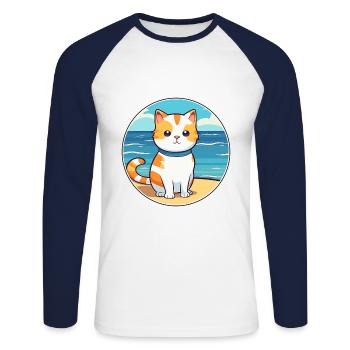Chat aquarelle dessin animé Kawaii Clipart Animal - T-shirt baseball manches longues Homme - blanc/marine - Devant - Nik (191cm)