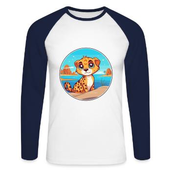 Cheetah Watercolor Cartoon Kawaii Clipart Animal - Unisex Long Sleeve Baseball T-Shirt - white/navy - Front - Nik (191cm)
