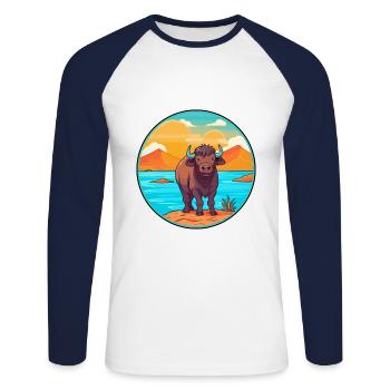 Buffalo Watercolor Cartoon Kawaii Clipart Animal - Unisex Long Sleeve Baseball T-Shirt - white/navy - Front - Nik (191cm)