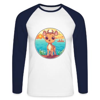 Cerf aquarelle dessin animé Kawaii Clipart Animal - T-shirt baseball manches longues Homme - blanc/marine - Devant - Nik (191cm)