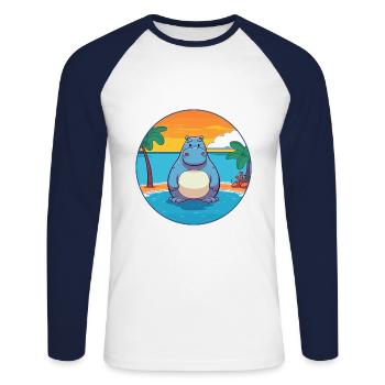 Nilpferd Aquarell Cartoon Kawaii Clipart Tier - Unisex Baseballshirt langarm - Weiß/Navy - Vorne - Nik (191cm)