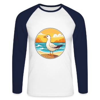 Mouette aquarelle dessin animé Kawaii Clipart Animal - T-shirt baseball manches longues Homme - blanc/marine - Devant - Nik (191cm)