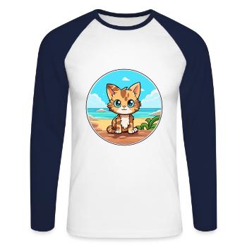 Kitten Watercolor Cartoon Kawaii Clipart Animal - Unisex Long Sleeve Baseball T-Shirt - white/navy - Front - Nik (191cm)