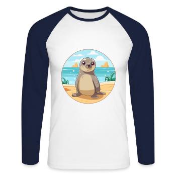 Siegel Aquarell Karikatur Kawaii Clipart Tier - Unisex Baseballshirt langarm - Weiß/Navy - Vorne - Nik (191cm)