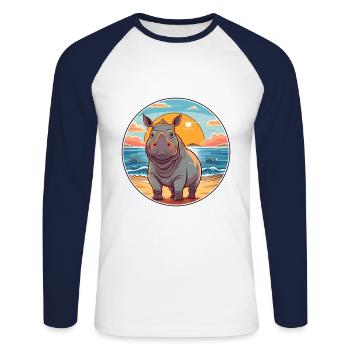 Rhino Watercolor Cartoon Kawaii Clipart Animal - Unisex Long Sleeve Baseball T-Shirt - white/navy - Front - Nik (191cm)