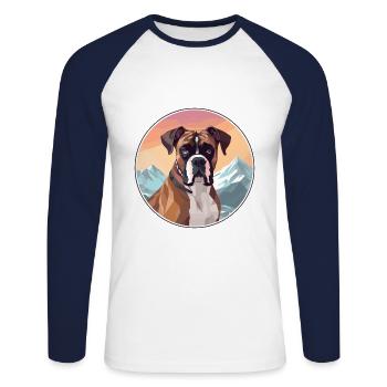 Bull Boxer chien race dessin animé Kawaii aquarelle - T-shirt baseball manches longues Homme - blanc/marine - Devant - Nik (191cm)