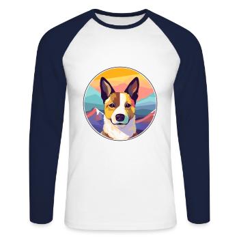 Canaan chien race dessin animé Kawaii aquarelle - T-shirt baseball manches longues Homme - blanc/marine - Devant - Nik (191cm)