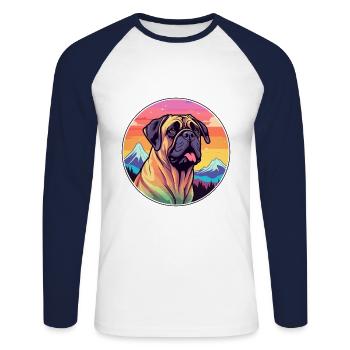 Bullmastiff chien race dessin animé Kawaii aquarelle - T-shirt baseball manches longues Homme - blanc/marine - Devant - Nik (191cm)