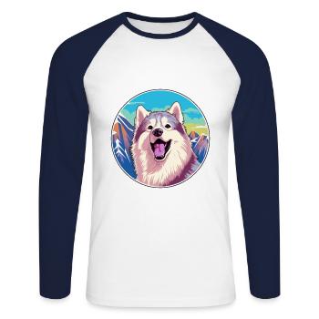 Chien esquimau canadien race Cartoon Kawaii Watercolo - T-shirt baseball manches longues Homme - blanc/marine - Devant - Nik (191cm)