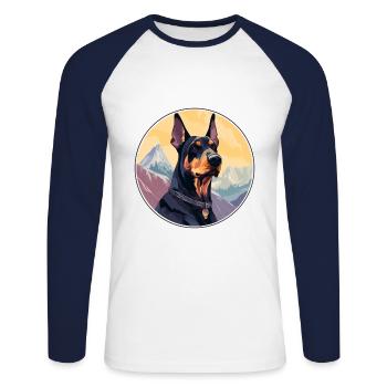 Doberman chien race dessin animé Kawaii aquarelle - T-shirt baseball manches longues Homme - blanc/marine - Devant - Nik (191cm)