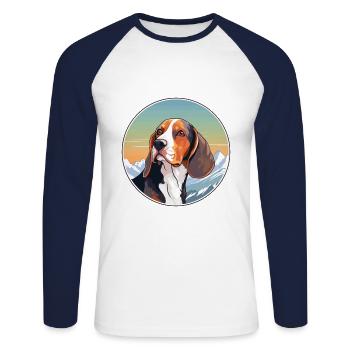 Français Tricolore Hound chien race Cartoon Kawaii Wat - T-shirt baseball manches longues Homme - blanc/marine - Devant - Nik (191cm)