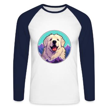 Grande race de chien des Pyrénées dessin animé Kawaii aquarelle - T-shirt baseball manches longues Homme - blanc/marine - Devant - Nik (191cm)