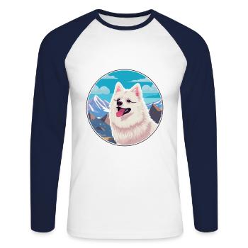 Spitz japonais chien race dessin animé Kawaii aquarelle - T-shirt baseball manches longues Homme - blanc/marine - Devant - Nik (191cm)