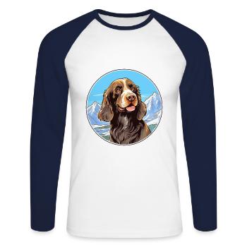 Allemand à poil long Pointer chien race Cartoon Kawaii - T-shirt baseball manches longues Homme - blanc/marine - Devant - Nik (191cm)