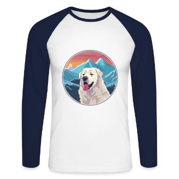Kuvasz chien race dessin animé Kawaii aquarelle - T-shirt baseball manches longues Homme - blanc/marine - Devant - Nik (191cm)