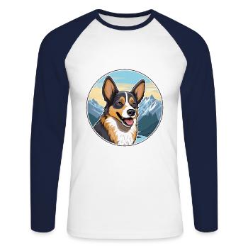 Lundehund chien race dessin animé Kawaii aquarelle - T-shirt baseball manches longues Homme - blanc/marine - Devant - Nik (191cm)