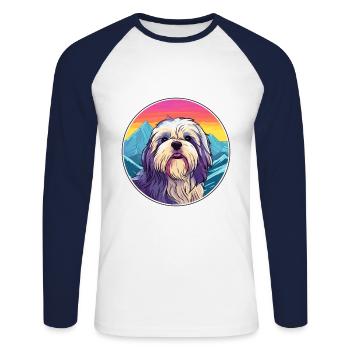 Lhassa Apso chien race dessin animé Kawaii aquarelle - T-shirt baseball manches longues Homme - blanc/marine - Devant - Nik (191cm)