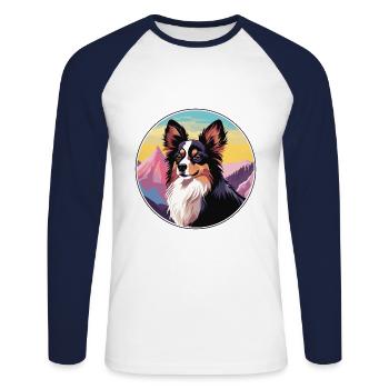 Papillon chien race dessin animé kawaii aquarelle - T-shirt baseball manches longues Homme - blanc/marine - Devant - Nik (191cm)