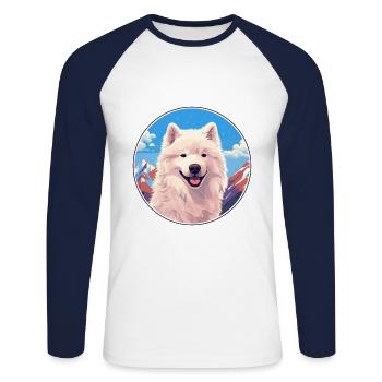 Samoyed Dog Breed Cartoon Kawaii Watercolor - Unisex Long Sleeve Baseball T-Shirt - white/navy - Front - Nik (191cm)