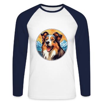 Scotch Collie chien race Cartoon Kawaii aquarelle - T-shirt baseball manches longues Homme - blanc/marine - Devant - Nik (191cm)