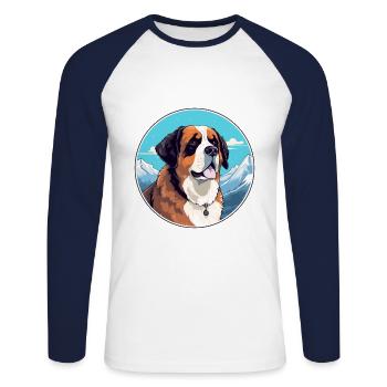 St Bernard chien race dessin animé Kawaii aquarelle - T-shirt baseball manches longues Homme - blanc/marine - Devant - Nik (191cm)