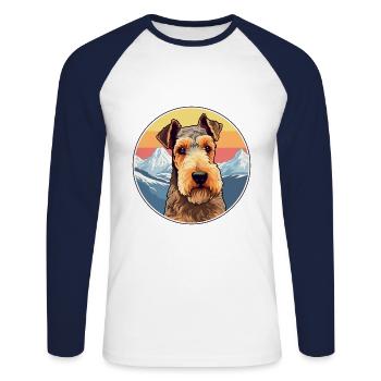 Welsh Terrier chien race dessin animé Kawaii aquarelle - T-shirt baseball manches longues Homme - blanc/marine - Devant - Nik (191cm)