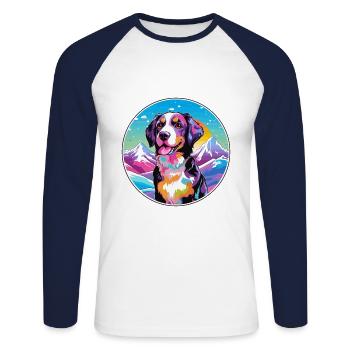Ariegeois race de chien dessin animé kawaii aquarelle - T-shirt baseball manches longues Homme - blanc/marine - Devant - Nik (191cm)