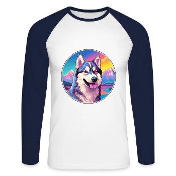 Alaskan Husky Hunderasse Cartoon Kawaii Aquarell - Unisex Baseballshirt langarm - Weiß/Navy - Vorne - Nik (191cm)
