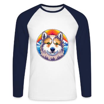 Ainu Hokkaido chien race dessin animé Kawaii aquarelle - T-shirt baseball manches longues Homme - blanc/marine - Devant - Nik (191cm)