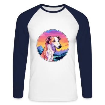 Barzoï chien race Cartoon Kawaii aquarelle - T-shirt baseball manches longues Homme - blanc/marine - Devant - Nik (191cm)