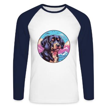 Noir et Tan chien race Cartoon Kawaii aquarelle - T-shirt baseball manches longues Homme - blanc/marine - Devant - Nik (191cm)